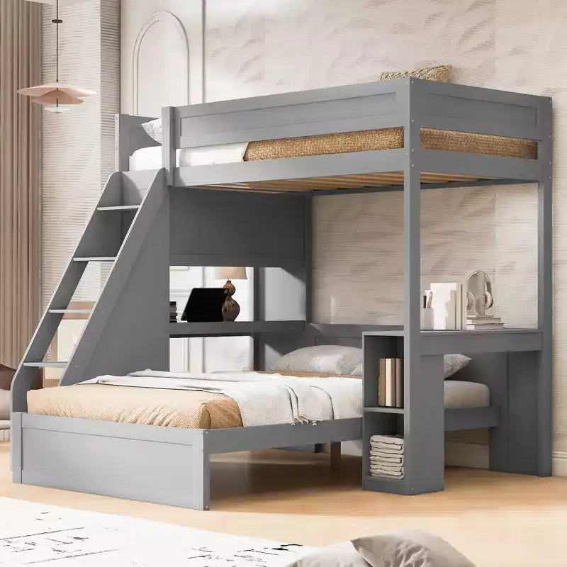 Whisen Twin XL Over Full Bed & Bed Frame with Desk and USB