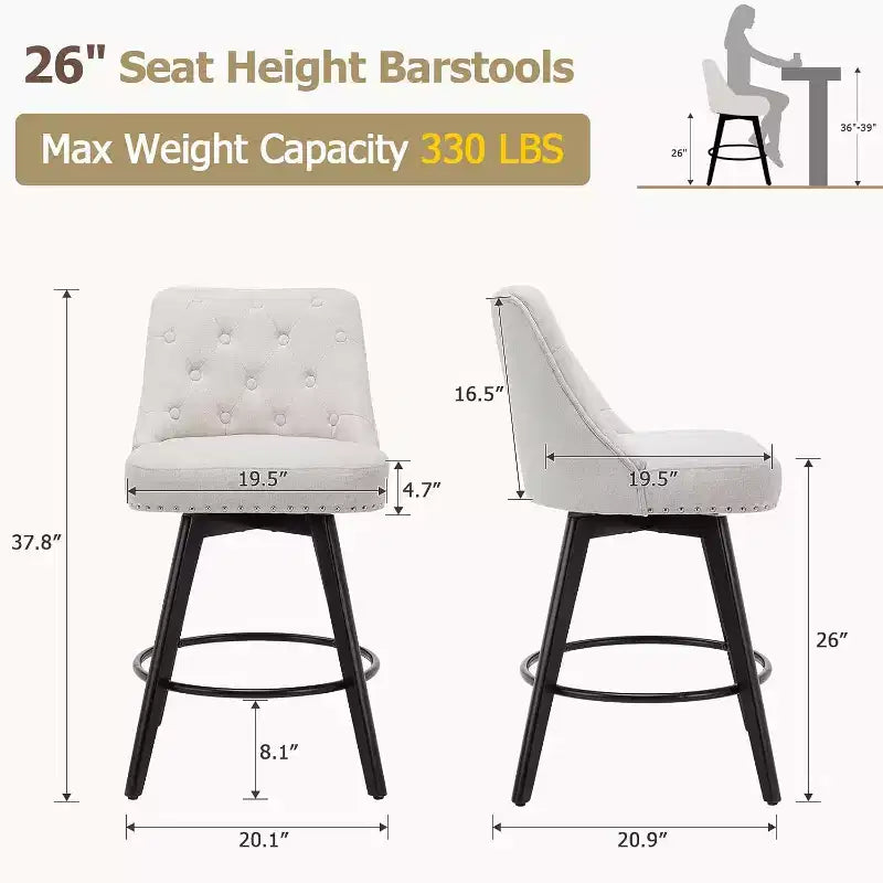 Wooden Dining Chairs Set of 4, Modern Swivel Bar Stools with Back and Wood Legs, Upholstered Barstools Bar Chair for Kitchen Island Home Bar