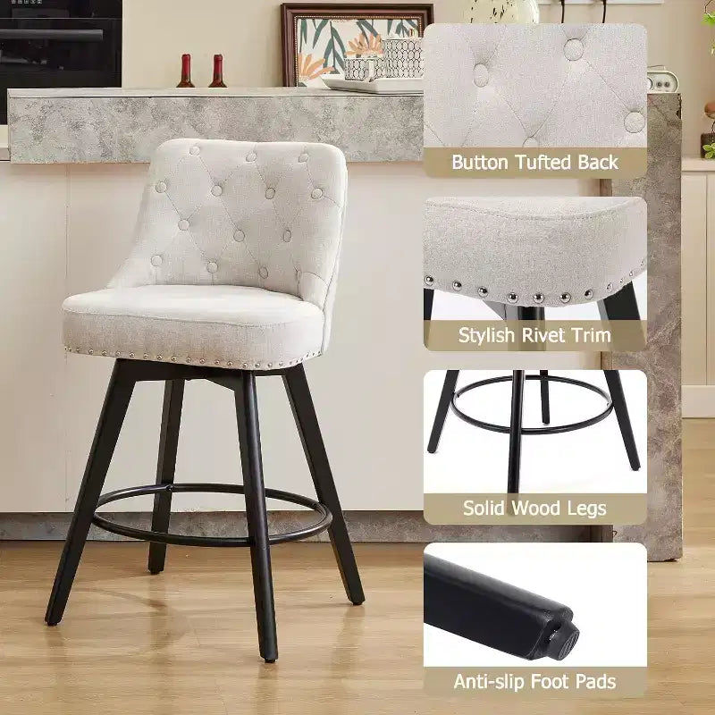 Wooden Dining Chairs Set of 4, Modern Swivel Bar Stools with Back and Wood Legs, Upholstered Barstools Bar Chair for Kitchen Island Home Bar