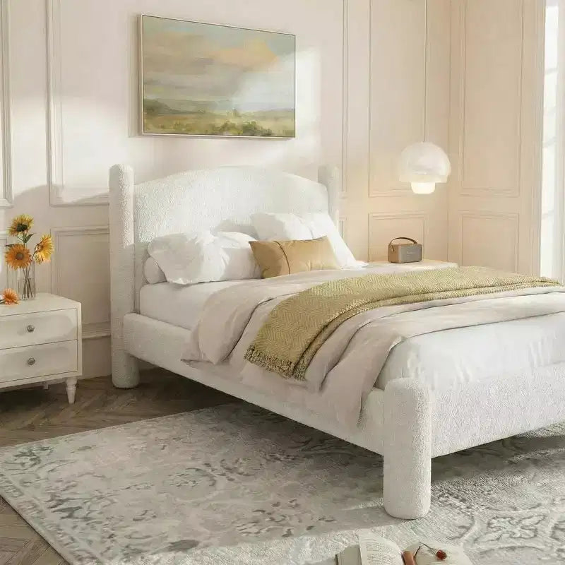 King Size Bed Frame, Boucle Bed Frame with Headboard, Soft Upholstered Platform Bed Frame with Rounded Corners, No Box Spring Required, Easy Assembly