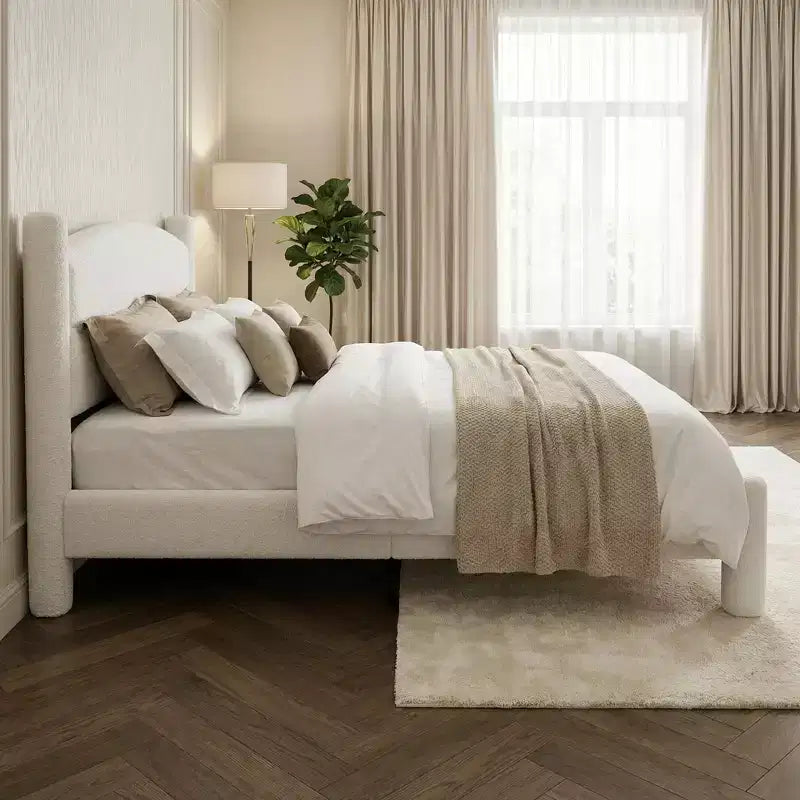 King Size Bed Frame, Boucle Bed Frame with Headboard, Soft Upholstered Platform Bed Frame with Rounded Corners, No Box Spring Required, Easy Assembly