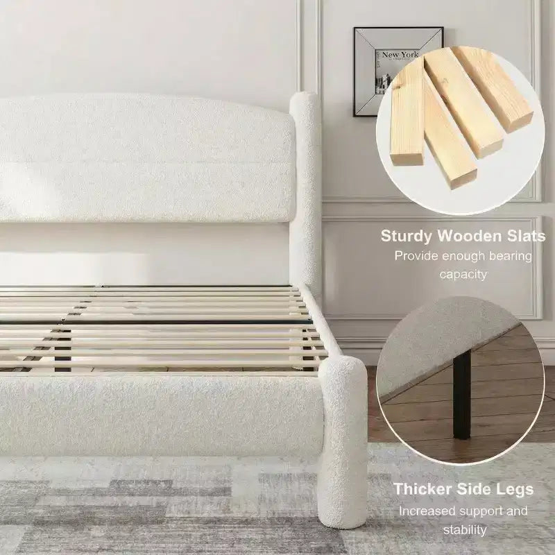 King Size Bed Frame, Boucle Bed Frame with Headboard, Soft Upholstered Platform Bed Frame with Rounded Corners, No Box Spring Required, Easy Assembly