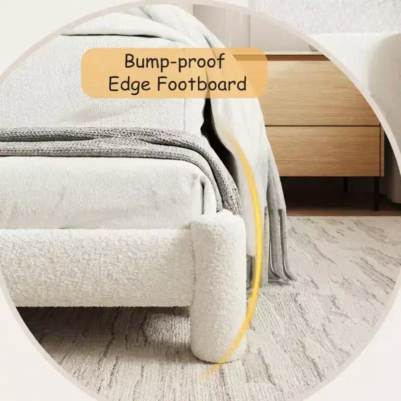King Size Bed Frame, Boucle Bed Frame with Headboard, Soft Upholstered Platform Bed Frame with Rounded Corners, No Box Spring Required, Easy Assembly