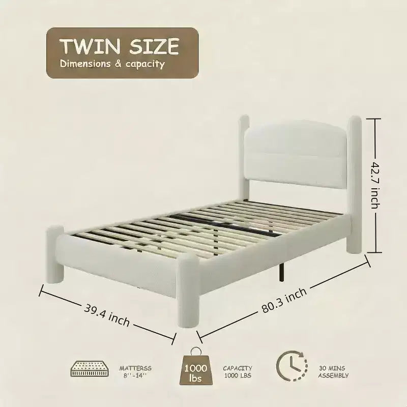King Size Bed Frame, Boucle Bed Frame with Headboard, Soft Upholstered Platform Bed Frame with Rounded Corners, No Box Spring Required, Easy Assembly