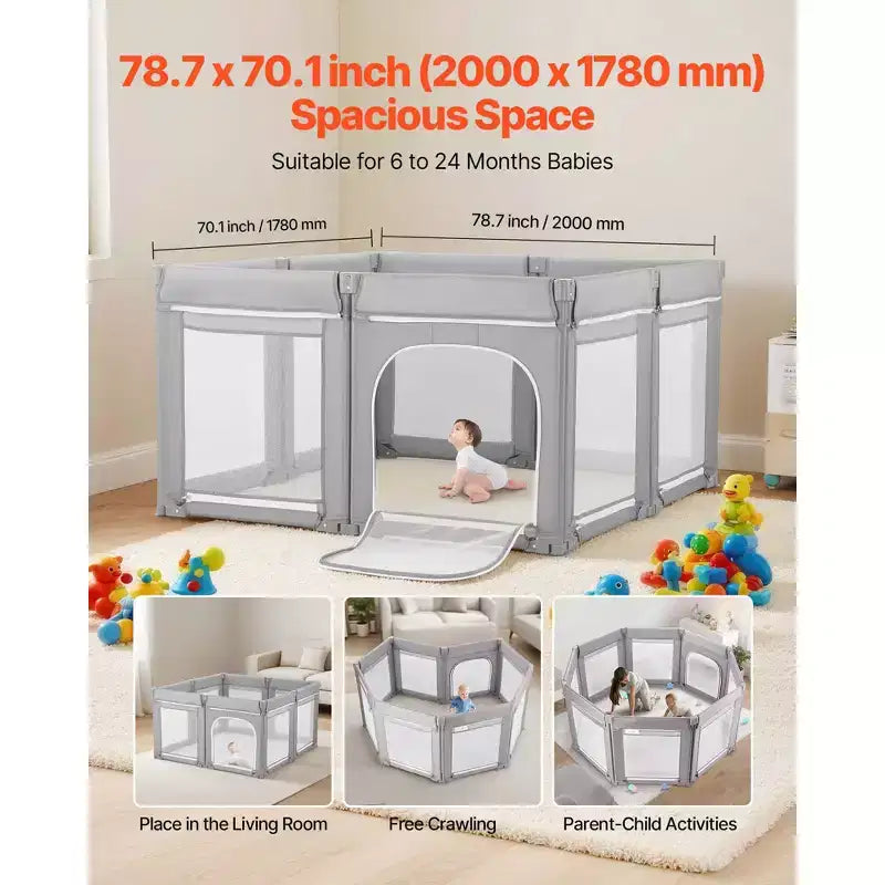 VEVOR Baby Playpen, 78.7 x 70.1 Extra Large Toddlers Playpen, Foldable Baby Fence Play Yard with Zippered Door & Soft Breathable Mesh, Gray