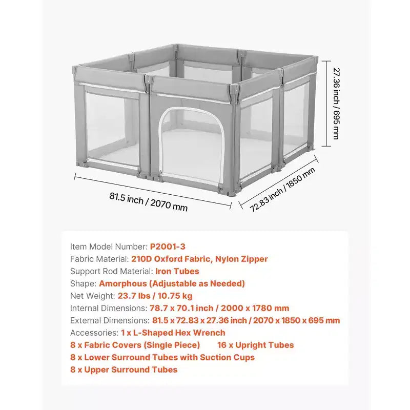 VEVOR Baby Playpen, 78.7 x 70.1 Extra Large Toddlers Playpen, Foldable Baby Fence Play Yard with Zippered Door & Soft Breathable Mesh, Gray