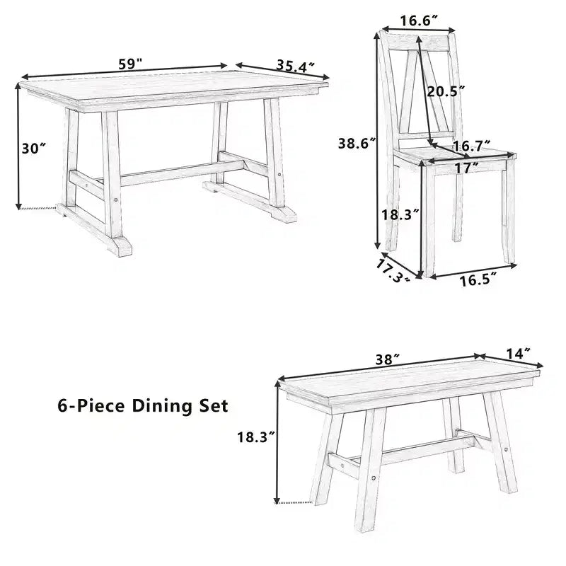 Whisen 6-Piece Wood Kitchen Dining Table Set for 6-Person, Rectangle Kitchen Dining Table & 4 Side Chairs, Long Bench