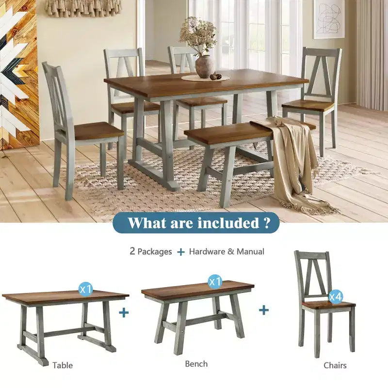 Whisen 6-Piece Wood Kitchen Dining Table Set for 6-Person, Rectangle Kitchen Dining Table & 4 Side Chairs, Long Bench
