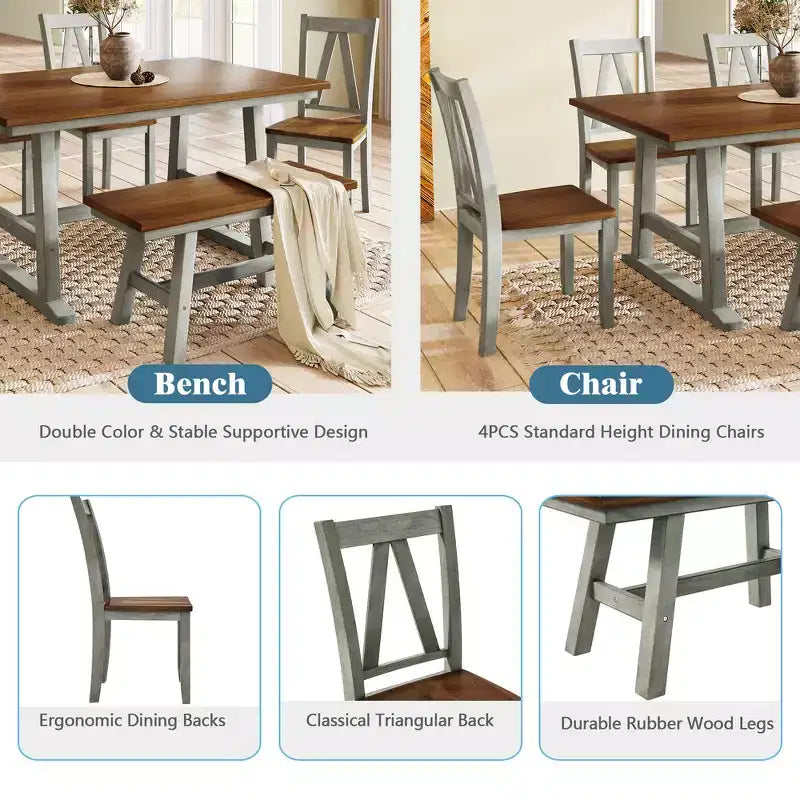 Whisen 6-Piece Wood Kitchen Dining Table Set for 6-Person, Rectangle Kitchen Dining Table & 4 Side Chairs, Long Bench