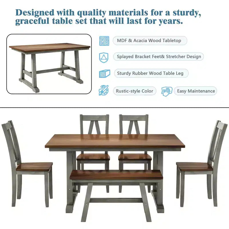 Whisen 6-Piece Wood Kitchen Dining Table Set for 6-Person, Rectangle Kitchen Dining Table & 4 Side Chairs, Long Bench