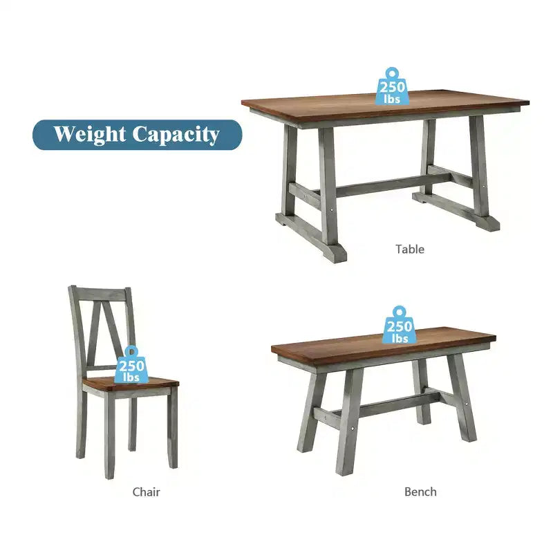 Whisen 6-Piece Wood Kitchen Dining Table Set for 6-Person, Rectangle Kitchen Dining Table & 4 Side Chairs, Long Bench