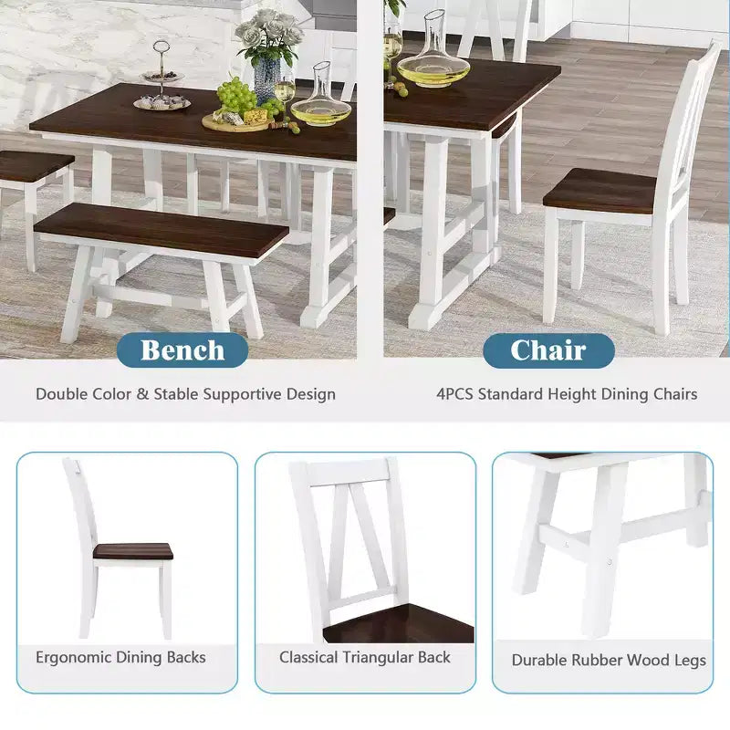Whisen 6-Piece Wood Kitchen Dining Table Set for 6-Person, Rectangle Kitchen Dining Table & 4 Side Chairs, Long Bench