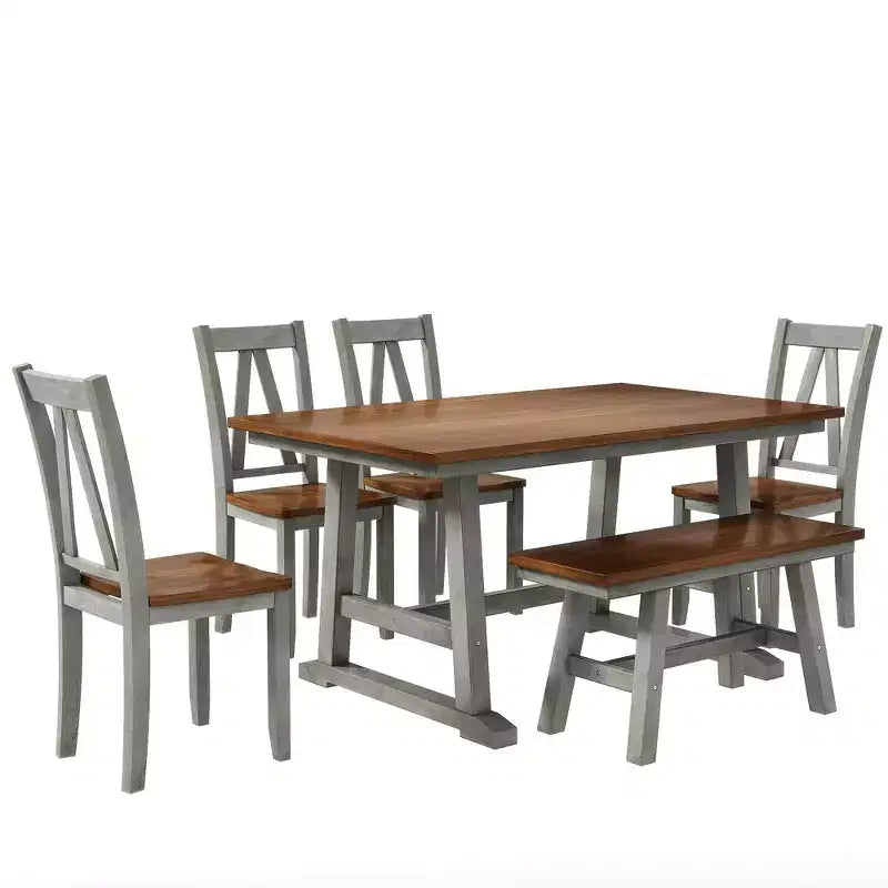 Whisen 6-Piece Wood Kitchen Dining Table Set for 6-Person, Rectangle Kitchen Dining Table & 4 Side Chairs, Long Bench