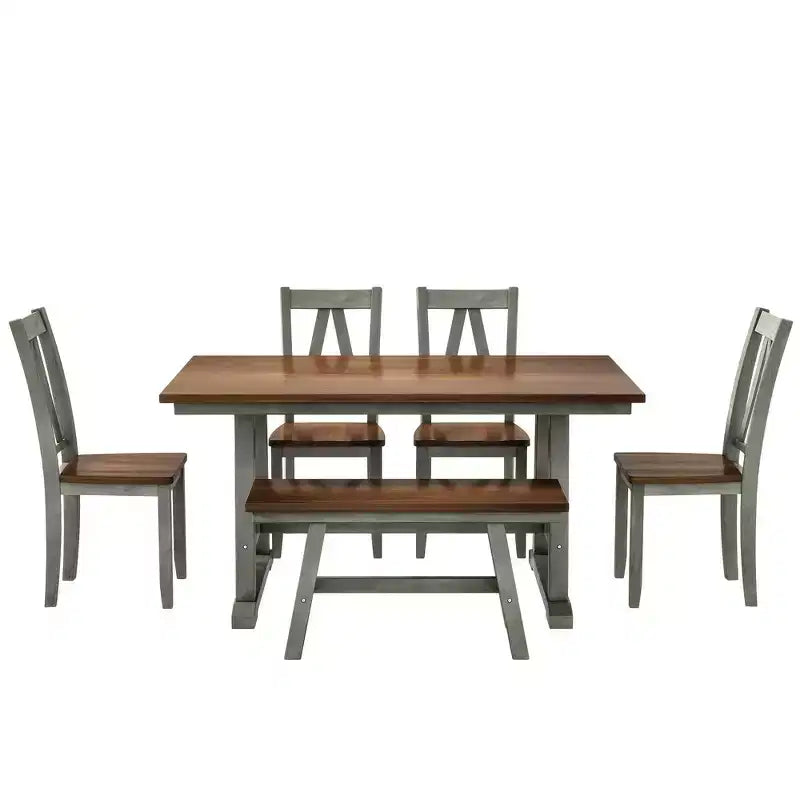 Whisen 6-Piece Wood Kitchen Dining Table Set for 6-Person, Rectangle Kitchen Dining Table & 4 Side Chairs, Long Bench