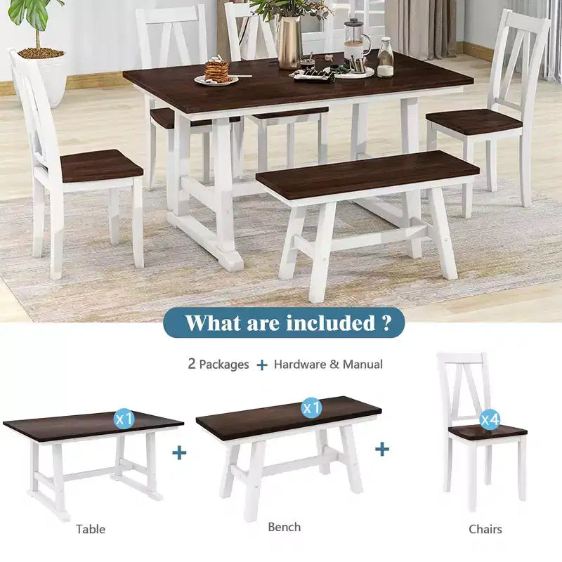 Whisen 6-Piece Wood Kitchen Dining Table Set for 6-Person, Rectangle Kitchen Dining Table & 4 Side Chairs, Long Bench
