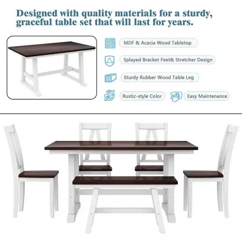 Whisen 6-Piece Wood Kitchen Dining Table Set for 6-Person, Rectangle Kitchen Dining Table & 4 Side Chairs, Long Bench