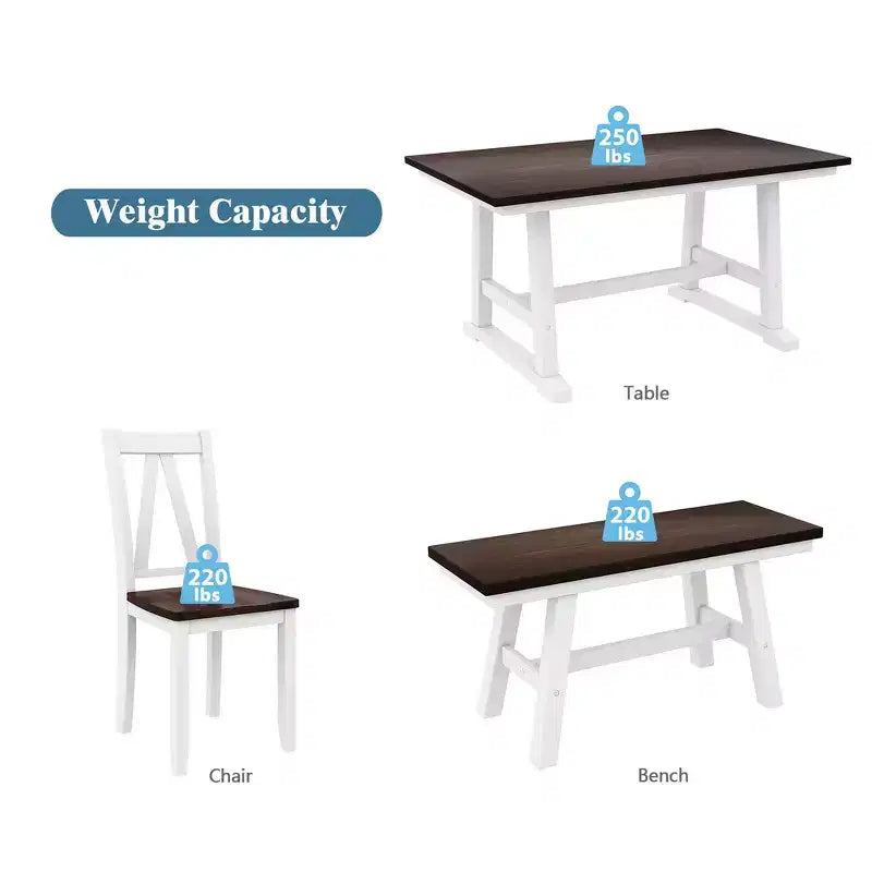 Whisen 6-Piece Wood Kitchen Dining Table Set for 6-Person, Rectangle Kitchen Dining Table & 4 Side Chairs, Long Bench