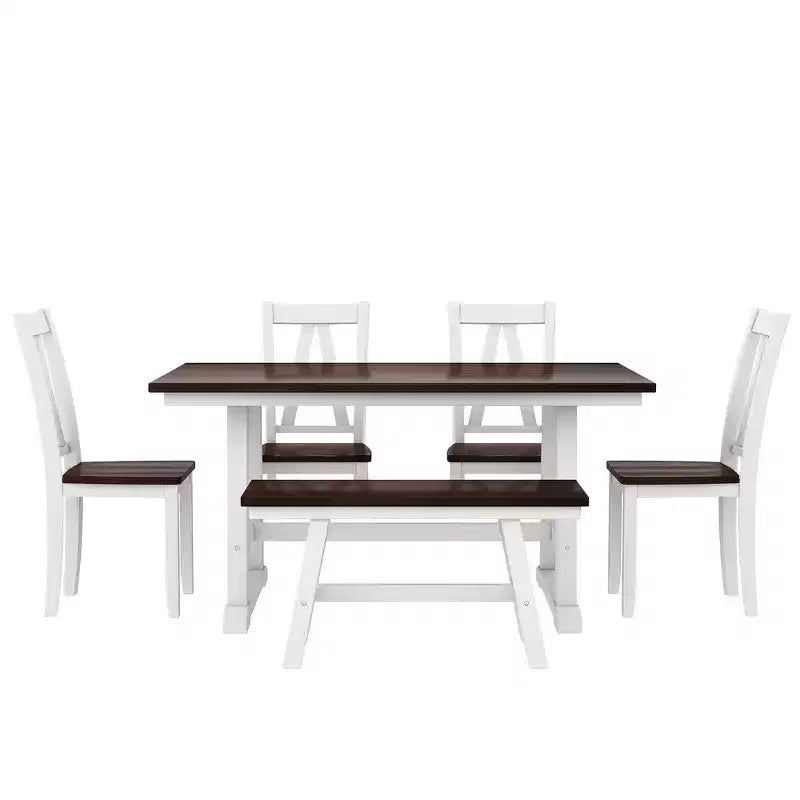 Whisen 6-Piece Wood Kitchen Dining Table Set for 6-Person, Rectangle Kitchen Dining Table & 4 Side Chairs, Long Bench