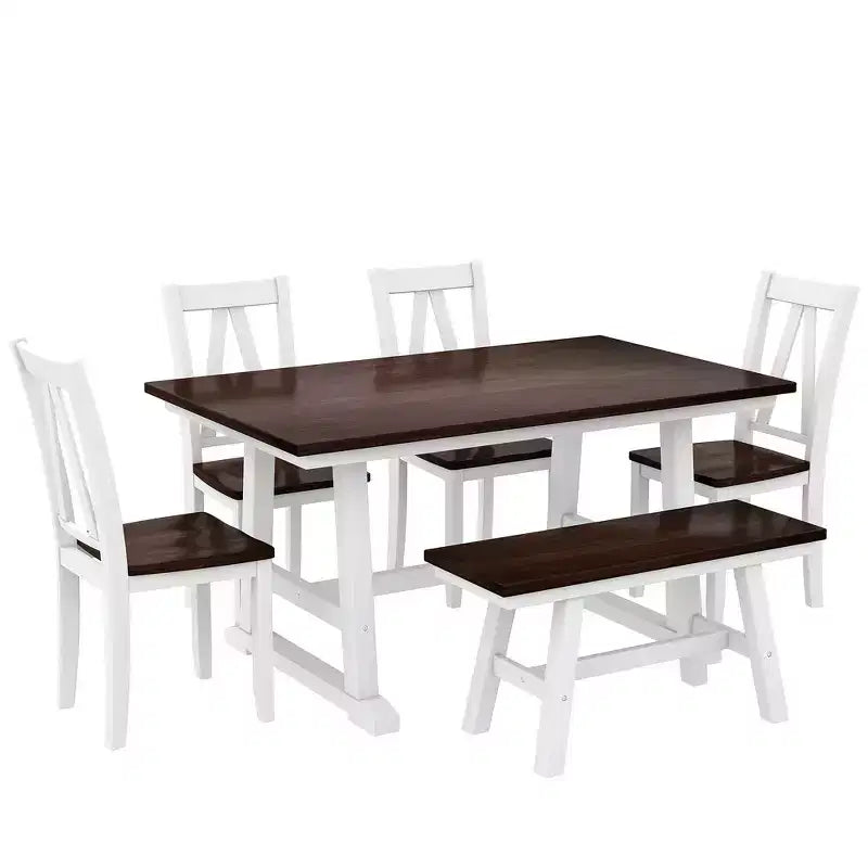 Whisen 6-Piece Wood Kitchen Dining Table Set for 6-Person, Rectangle Kitchen Dining Table & 4 Side Chairs, Long Bench