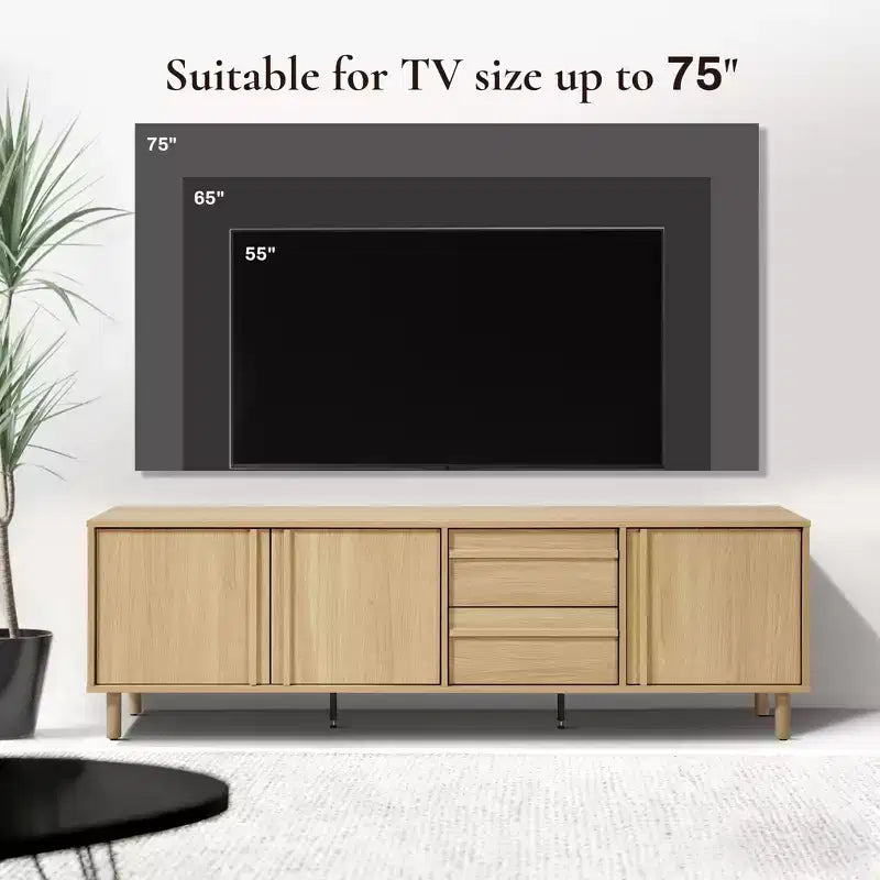 LuxenHome 70.9 Modern TV Stand for TVs up to 75, Media Console Cabinet with Drawers, Oak Brown