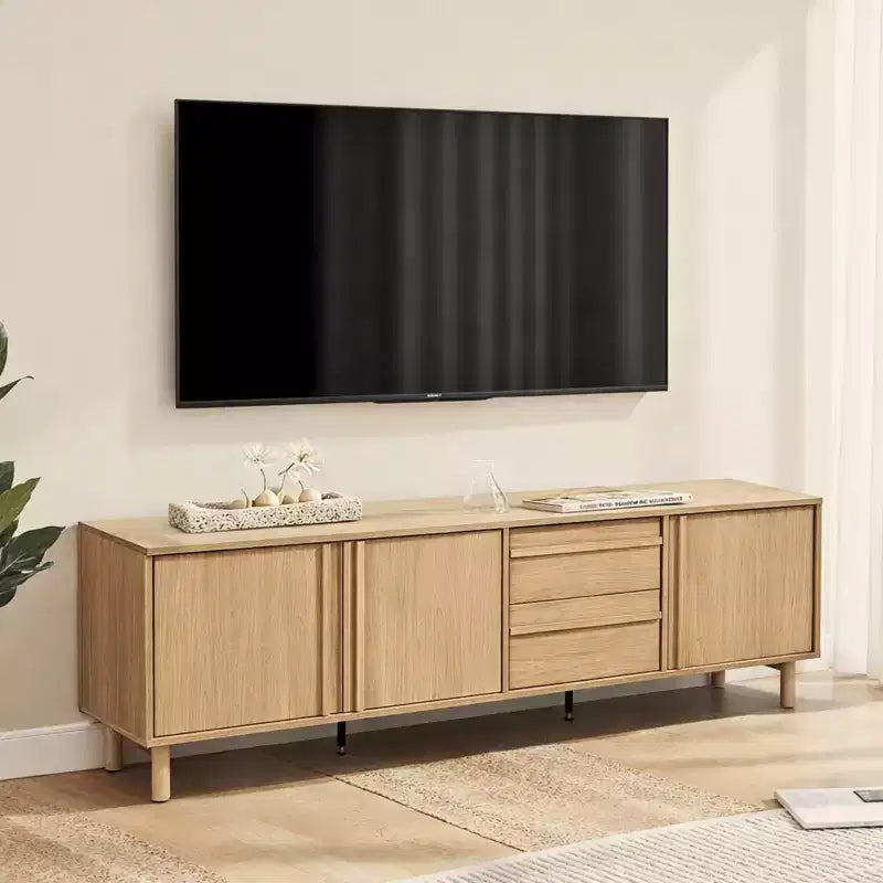 LuxenHome 70.9 Modern TV Stand for TVs up to 75, Media Console Cabinet with Drawers, Oak Brown