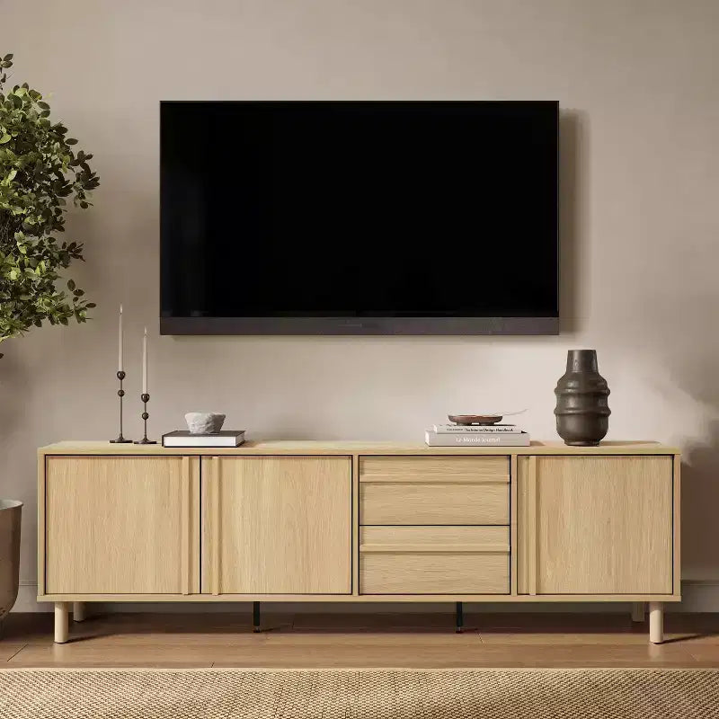 LuxenHome 70.9 Modern TV Stand for TVs up to 75, Media Console Cabinet with Drawers, Oak Brown