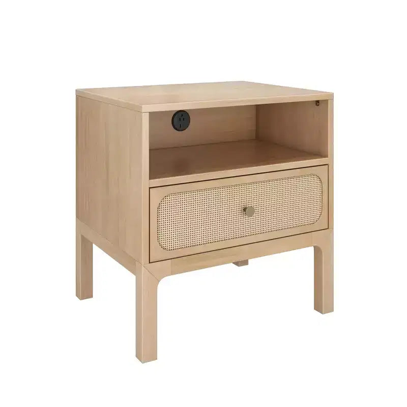 Elio Rattan Cubby Nightstand with 1 Drawer, Electrical Outlet and Brass Knob