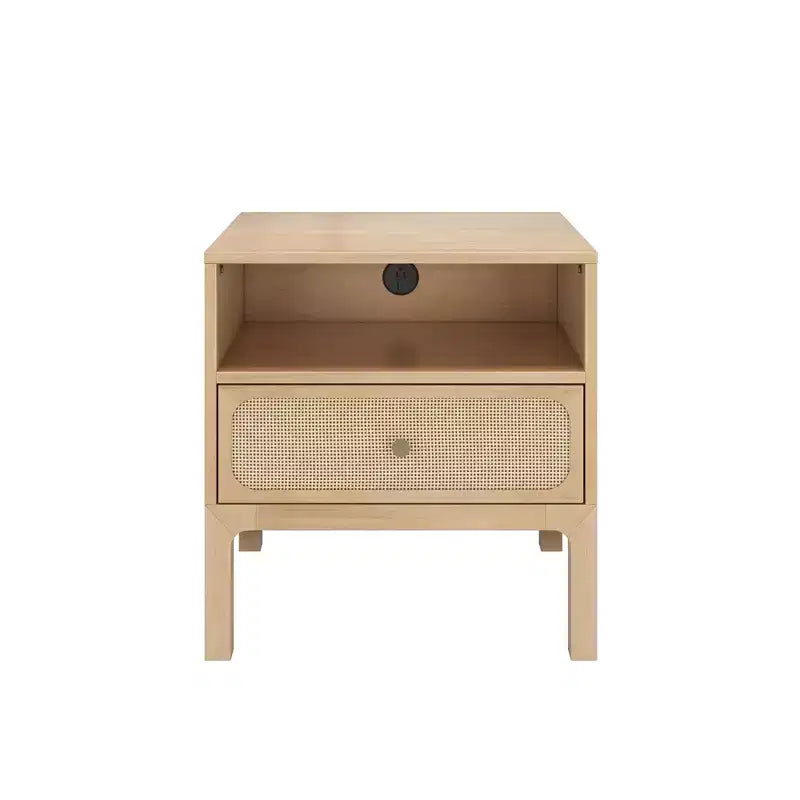 Elio Rattan Cubby Nightstand with 1 Drawer, Electrical Outlet and Brass Knob