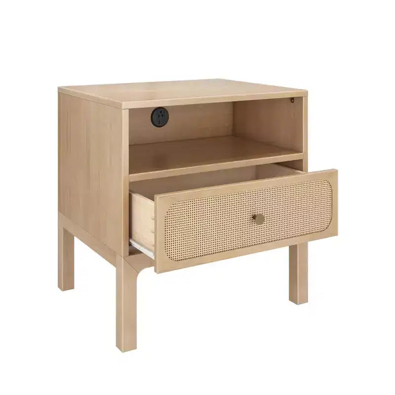 Elio Rattan Cubby Nightstand with 1 Drawer, Electrical Outlet and Brass Knob