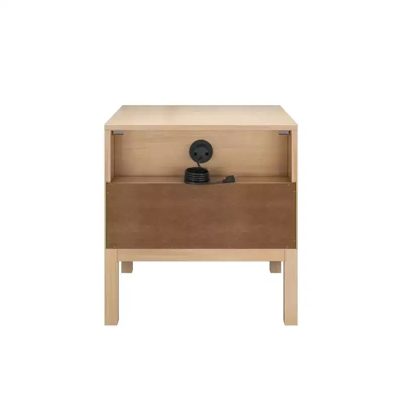 Elio Rattan Cubby Nightstand with 1 Drawer, Electrical Outlet and Brass Knob