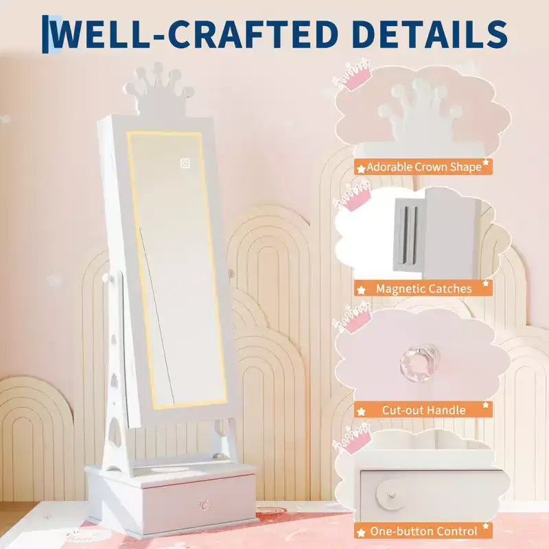 Kids Jewelry Armoire Cabinet, Standing Jewelry Organizer with Full-Length Mirror, 3 Storage Drawer, Kids Vanity Dress Up Mirror Jewelry Cabinet