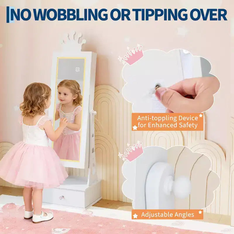 Kids Jewelry Armoire Cabinet, Standing Jewelry Organizer with Full-Length Mirror, 3 Storage Drawer, Kids Vanity Dress Up Mirror Jewelry Cabinet
