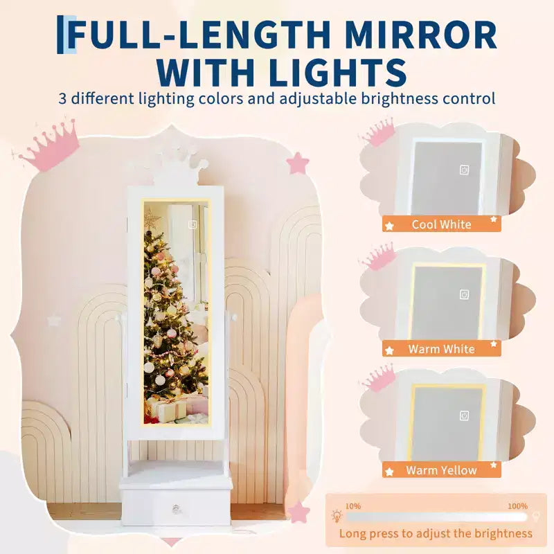 Kids Jewelry Armoire Cabinet, Standing Jewelry Organizer with Full-Length Mirror, 3 Storage Drawer, Kids Vanity Dress Up Mirror Jewelry Cabinet
