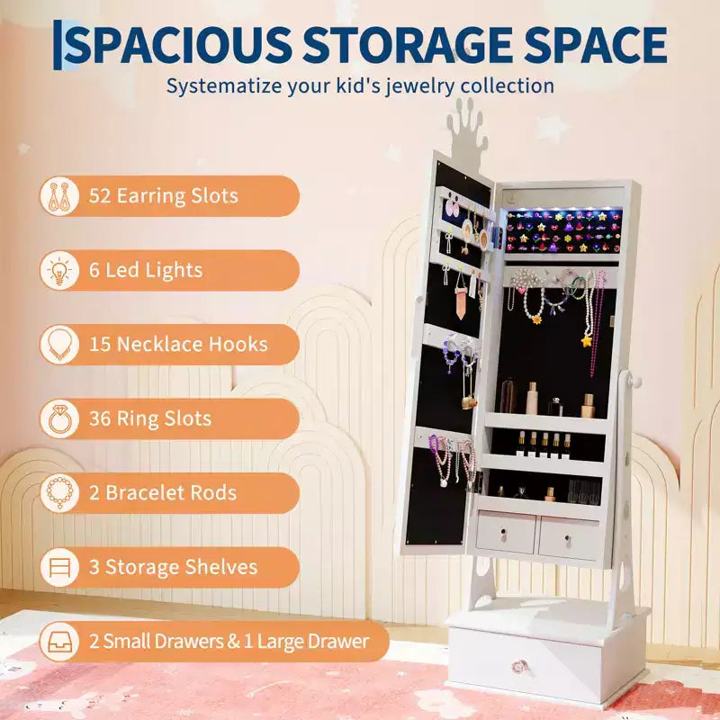 Kids Jewelry Armoire Cabinet, Standing Jewelry Organizer with Full-Length Mirror, 3 Storage Drawer, Kids Vanity Dress Up Mirror Jewelry Cabinet