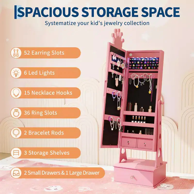 Kids Jewelry Armoire Cabinet, Standing Jewelry Organizer with Full-Length Mirror, 3 Storage Drawer, Kids Vanity Dress Up Mirror Jewelry Cabinet