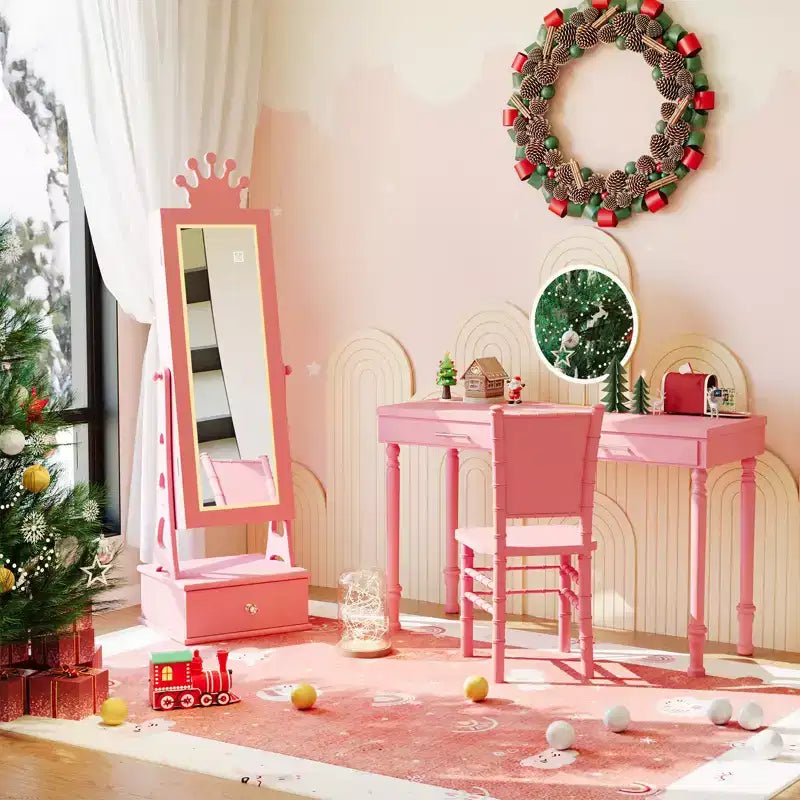 Kids Jewelry Armoire Cabinet, Standing Jewelry Organizer with Full-Length Mirror, 3 Storage Drawer, Kids Vanity Dress Up Mirror Jewelry Cabinet