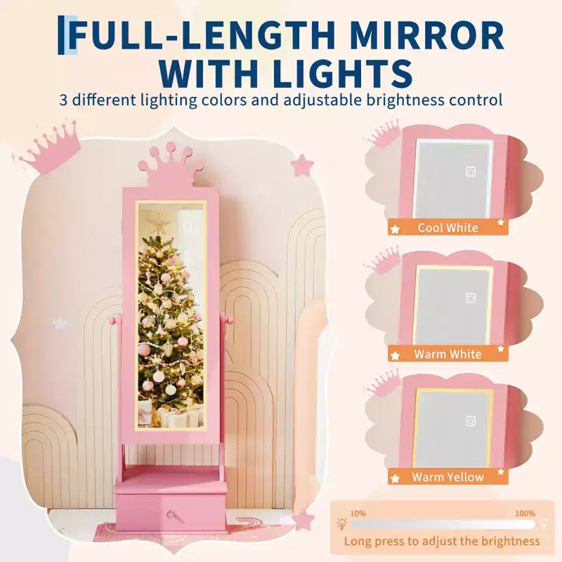 Kids Jewelry Armoire Cabinet, Standing Jewelry Organizer with Full-Length Mirror, 3 Storage Drawer, Kids Vanity Dress Up Mirror Jewelry Cabinet