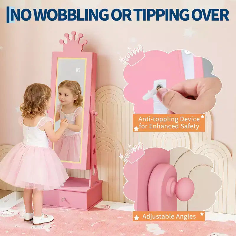 Kids Jewelry Armoire Cabinet, Standing Jewelry Organizer with Full-Length Mirror, 3 Storage Drawer, Kids Vanity Dress Up Mirror Jewelry Cabinet