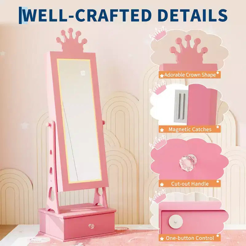 Kids Jewelry Armoire Cabinet, Standing Jewelry Organizer with Full-Length Mirror, 3 Storage Drawer, Kids Vanity Dress Up Mirror Jewelry Cabinet