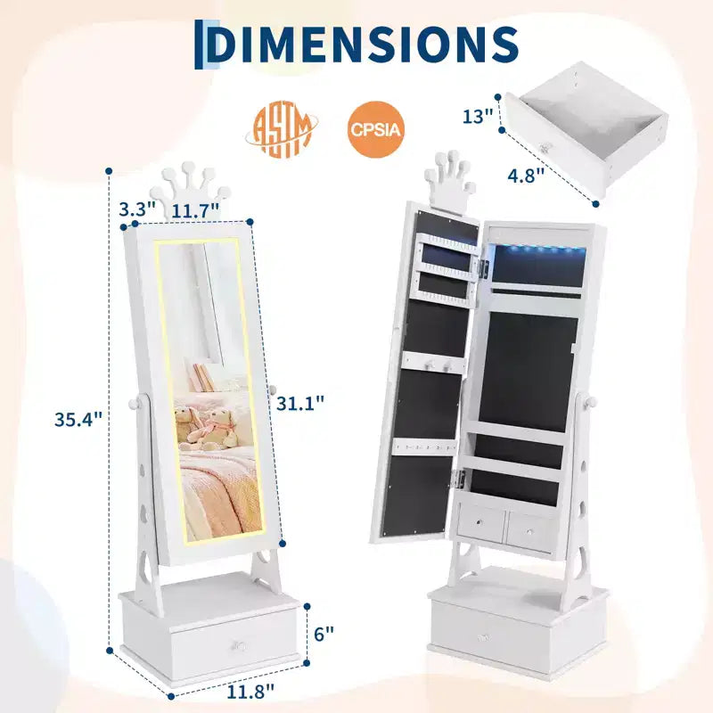 Kids Jewelry Armoire Cabinet, Standing Jewelry Organizer with Full-Length Mirror, 3 Storage Drawer, Kids Vanity Dress Up Mirror Jewelry Cabinet
