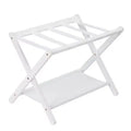 Folding Bamboo Luggage Rack with 2-Tier Shelf  White Suitcase Stand Holds 110 Lb, Space-Saving Travel Organizer
