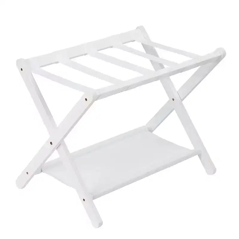 Folding Bamboo Luggage Rack with 2-Tier Shelf  White Suitcase Stand Holds 110 Lb, Space-Saving Travel Organizer