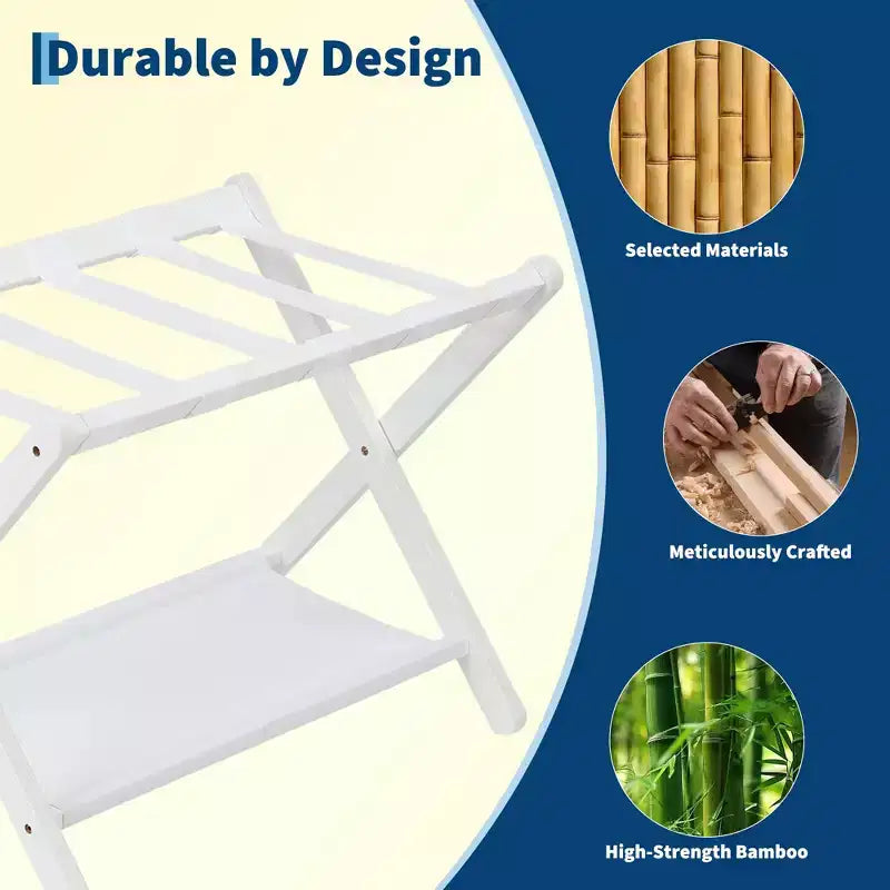 Folding Bamboo Luggage Rack with 2-Tier Shelf  White Suitcase Stand Holds 110 Lb, Space-Saving Travel Organizer