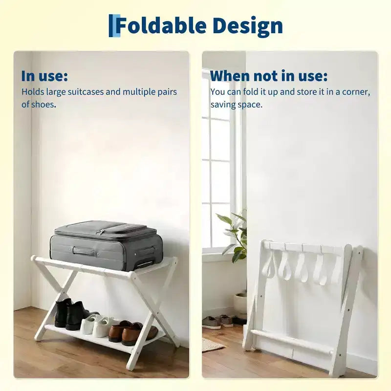 Folding Bamboo Luggage Rack with 2-Tier Shelf  White Suitcase Stand Holds 110 Lb, Space-Saving Travel Organizer