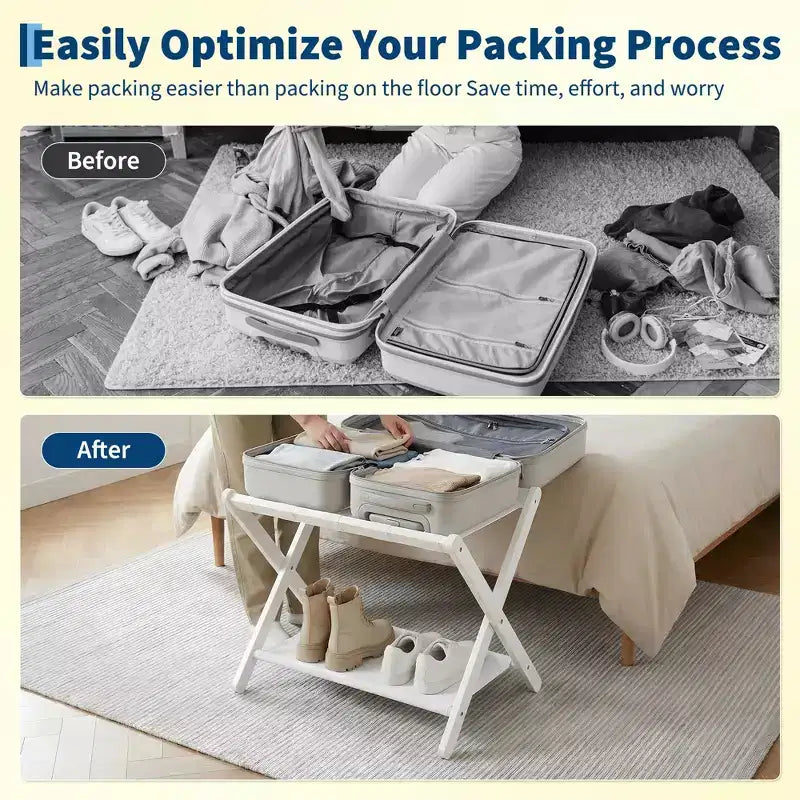 Folding Bamboo Luggage Rack with 2-Tier Shelf  White Suitcase Stand Holds 110 Lb, Space-Saving Travel Organizer