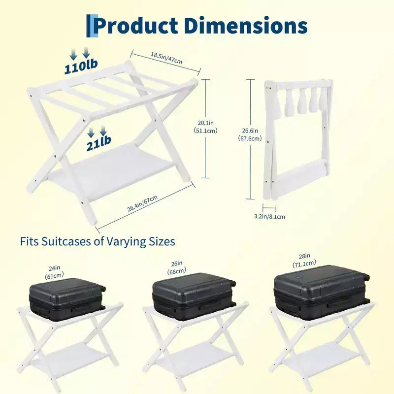 Folding Bamboo Luggage Rack with 2-Tier Shelf  White Suitcase Stand Holds 110 Lb, Space-Saving Travel Organizer