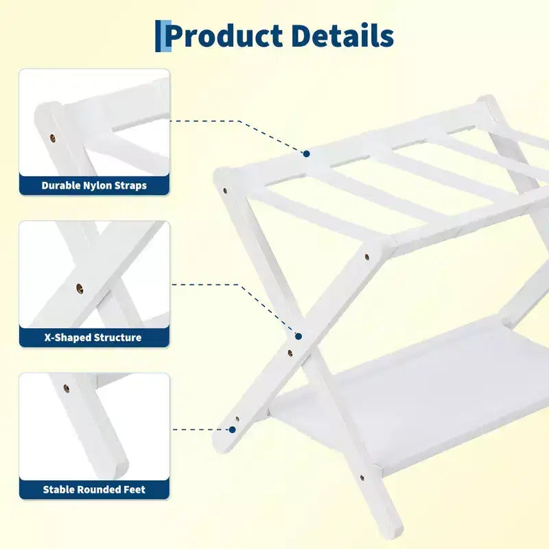 Folding Bamboo Luggage Rack with 2-Tier Shelf  White Suitcase Stand Holds 110 Lb, Space-Saving Travel Organizer