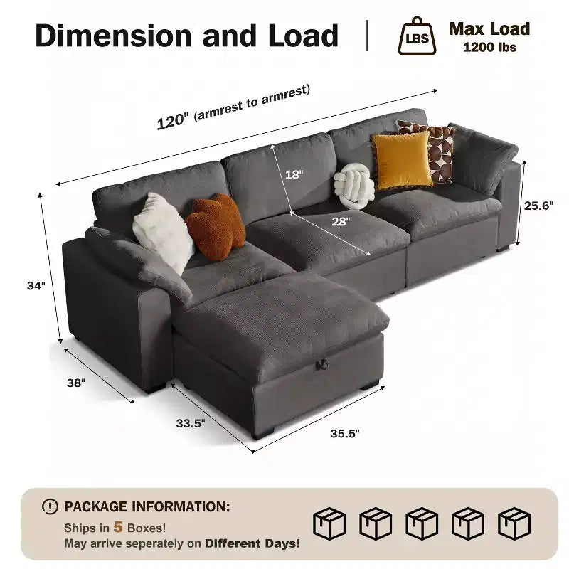 Dyonery Oversized Cloud Modular Sectional Sofa for Living Room,Comfy Couch Down-Filled Wide Deep Seat Couch,Solid Wood Frame,Tool Free Assembly