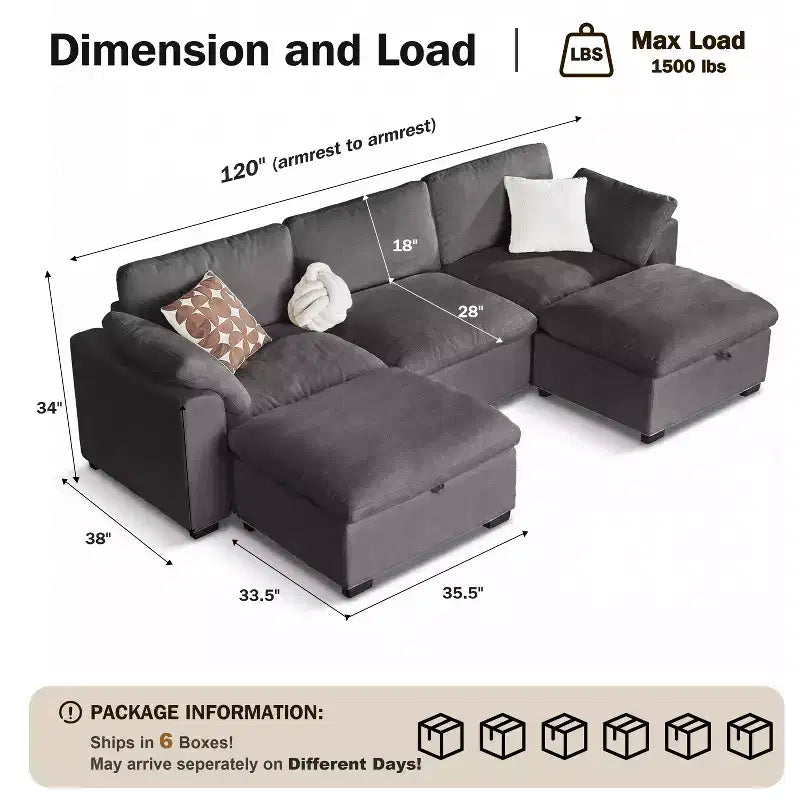 Dyonery Oversized Cloud Modular Sectional Sofa for Living Room,Comfy Couch Down-Filled Wide Deep Seat Couch,Solid Wood Frame,Tool Free Assembly