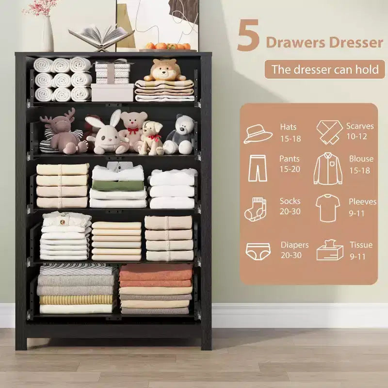 5-Drawer Wood Storage Dresser for Bedroom, Modern Simple Chest of Drawers with Deep Drawers for Living Room, Hallway, Entryway